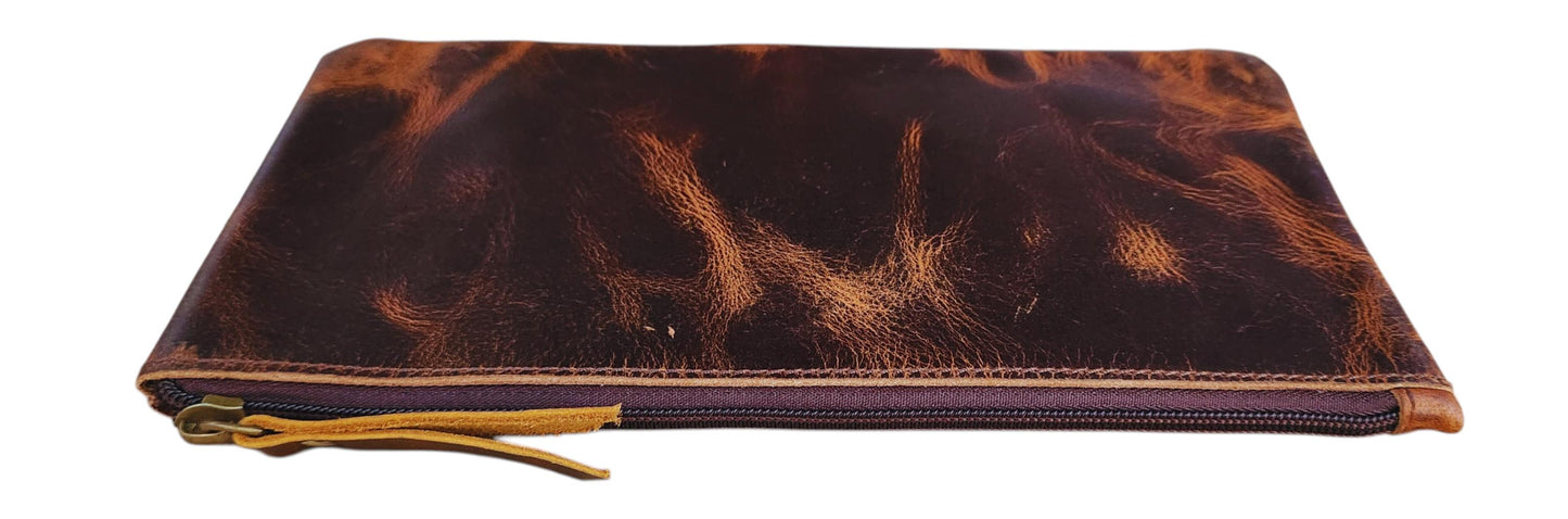 Handmade Distressed Leather Zipper Pouch: Rustic Travel Makeup Bag