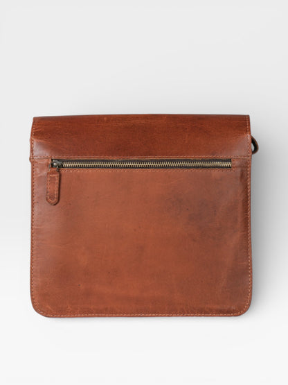 Brown leather pouch with a zipper on a light gray background