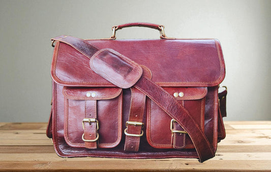 Handmade Buffalo Leather Satchel: 15.6" Laptop Briefcase, Crossbody Messenger Bag