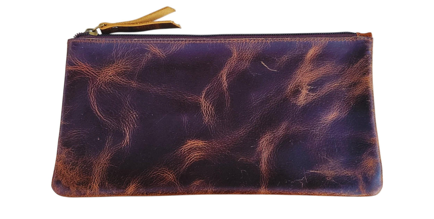 Handmade Distressed Leather Zipper Pouch: Rustic Travel Makeup Bag