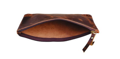Handmade Distressed Leather Zipper Pouch: Rustic Travel Makeup Bag