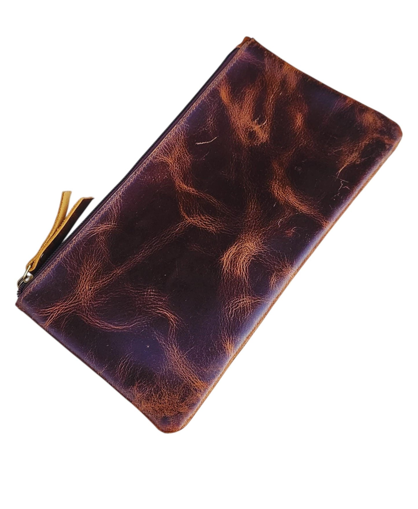 Handmade Distressed Leather Zipper Pouch: Rustic Travel Makeup Bag