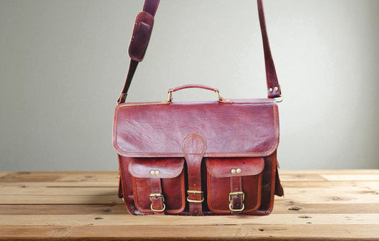 Handmade Buffalo Leather Satchel: 15.6" Laptop Briefcase, Crossbody Messenger Bag