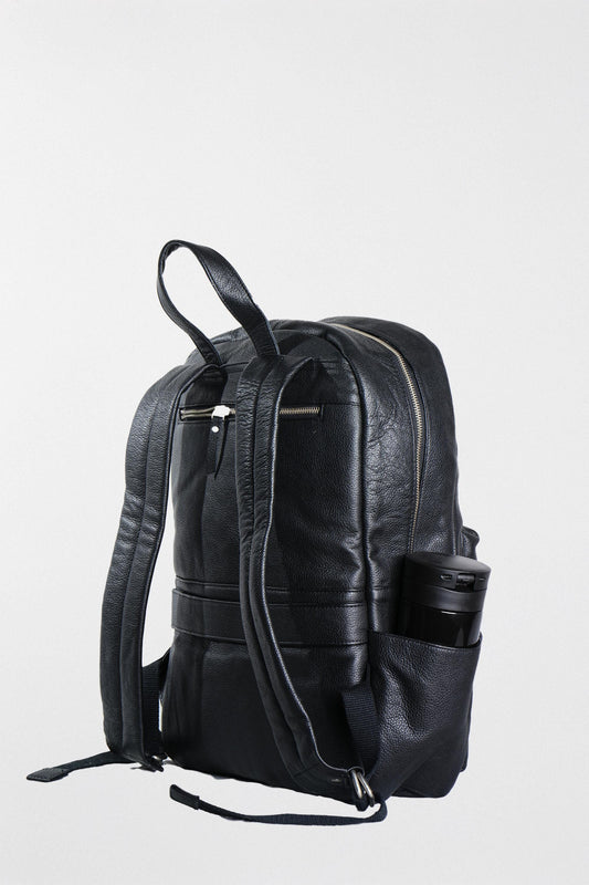 Personalized Black Leather Laptop Backpack: Minimalist Travel Rucksack
