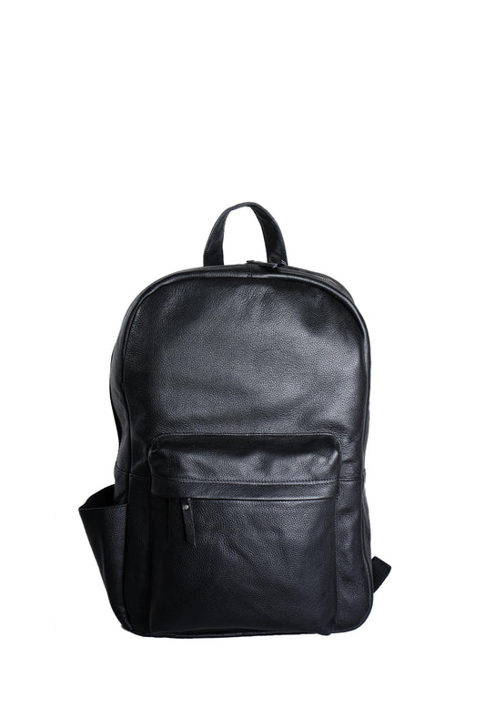 Personalized Black Leather Laptop Backpack: Minimalist Travel Rucksack