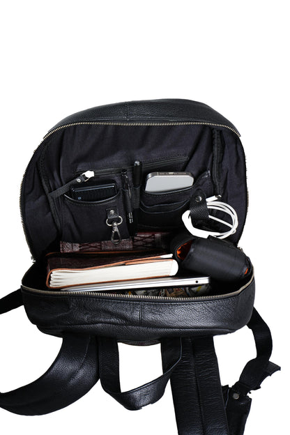 Personalized Black Leather Laptop Backpack: Minimalist Travel Rucksack