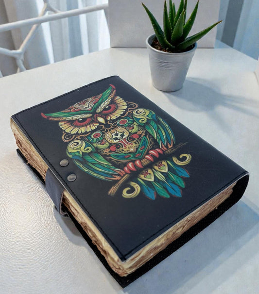 Handmade Leather Owl Journal, Vintage Deckle Edge Diary with Lock