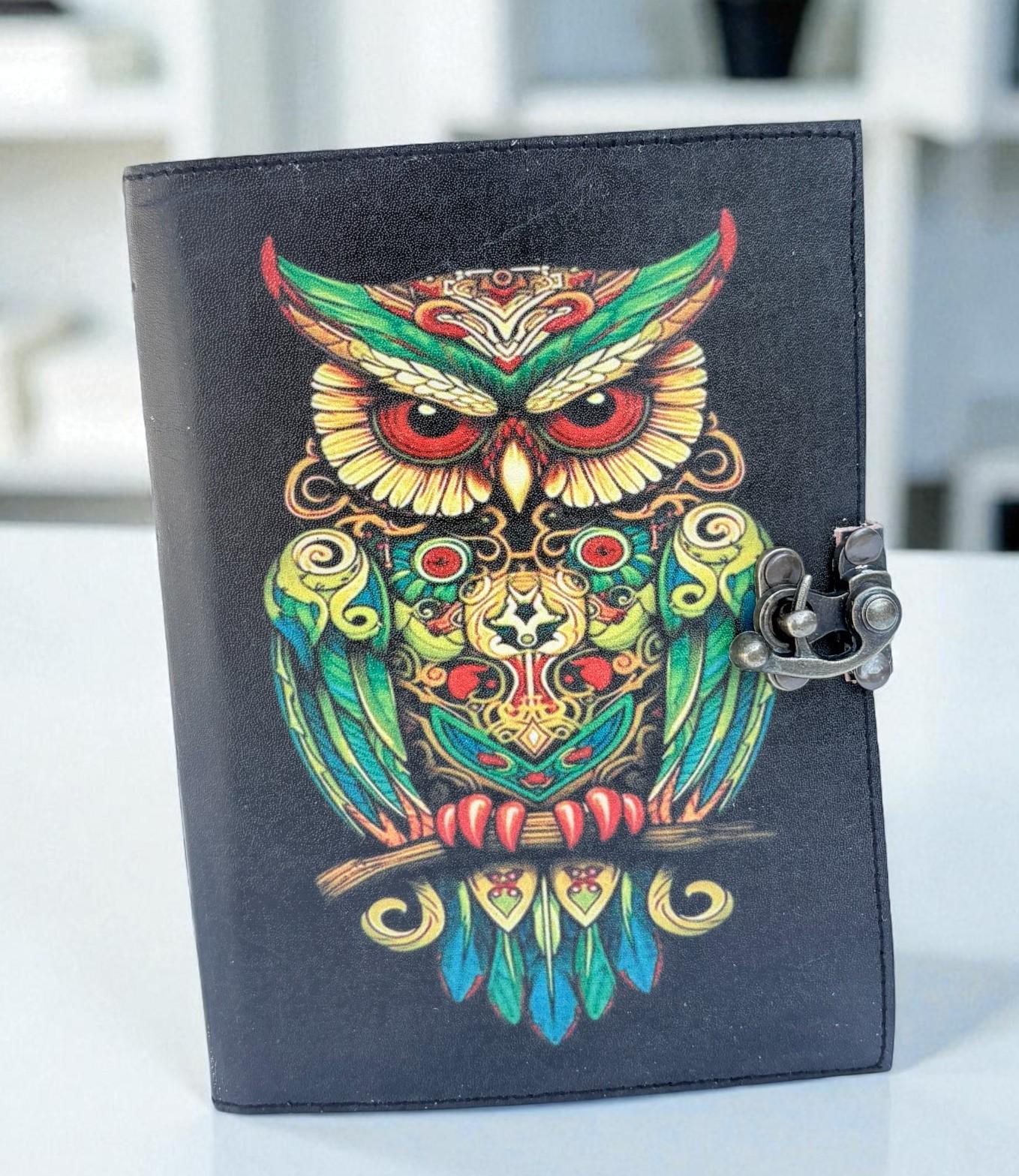Handmade Leather Owl Journal, Vintage Deckle Edge Diary with Lock