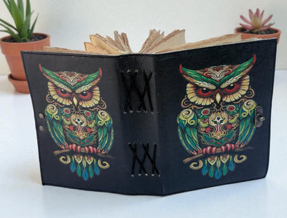 Handmade Leather Owl Journal, Vintage Deckle Edge Diary with Lock