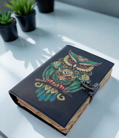Handmade Leather Owl Journal, Vintage Deckle Edge Diary with Lock