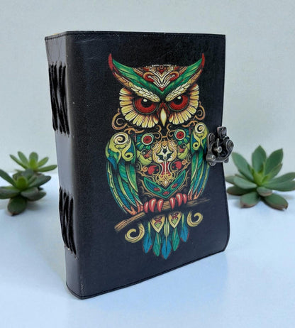 Handmade Leather Owl Journal, Vintage Deckle Edge Diary with Lock