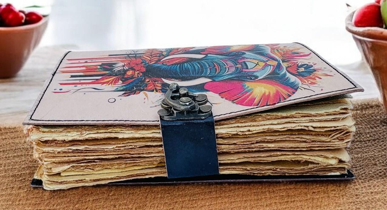 Handmade Elephant Leather Journal, Boho Art Travel Sketchbook, Personalized Gift