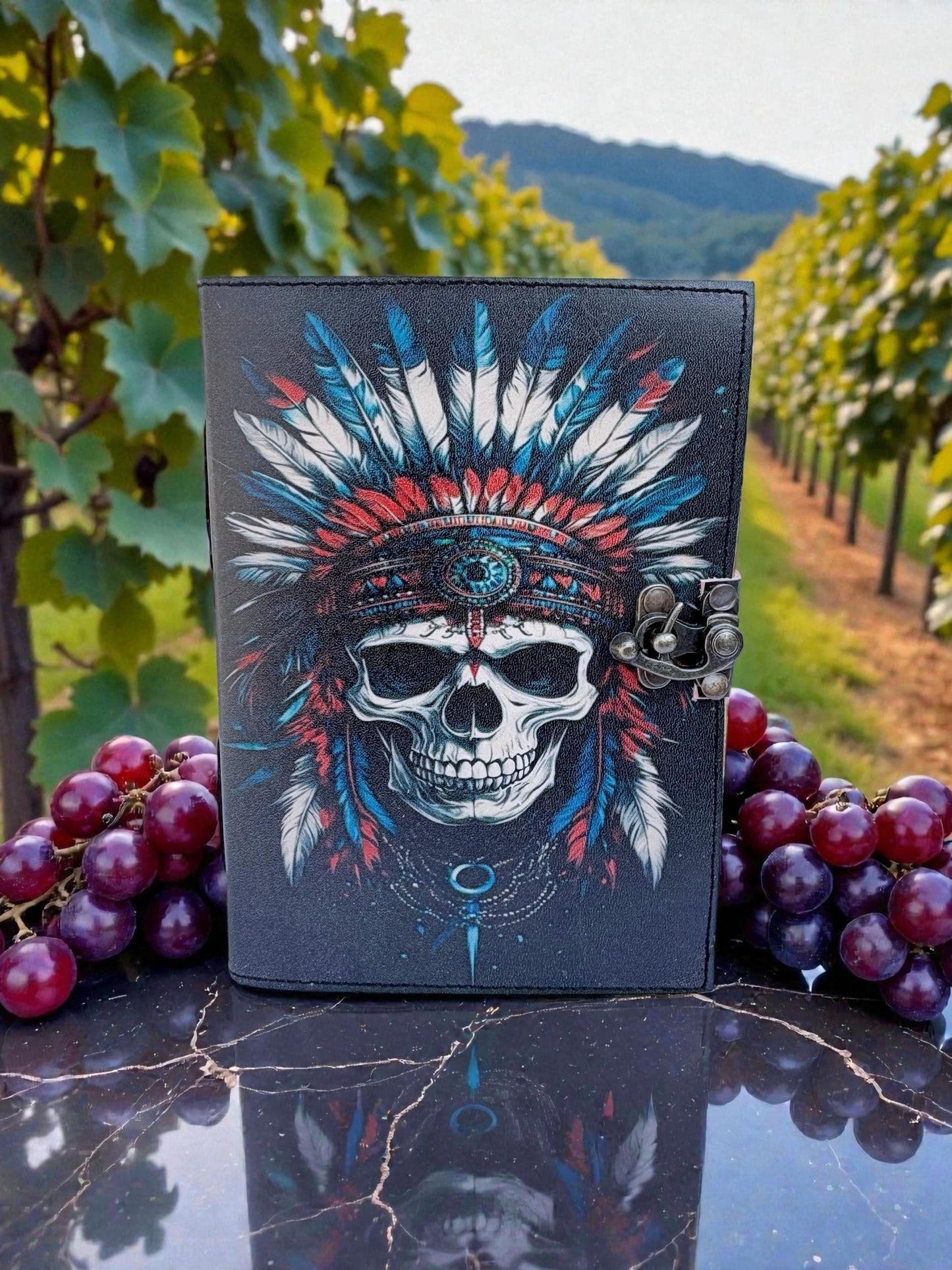 Personalized Handmade Leather Journal with Native Warrior Skull -7x5 Vintage Customized Gift for Men & Women  Antique