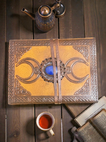 Personalized Handmade Triple Moon Leather Journal with  Lapis Blue Stone Book of Shadows Lined Notebook Customized Spiritual Gift for Her