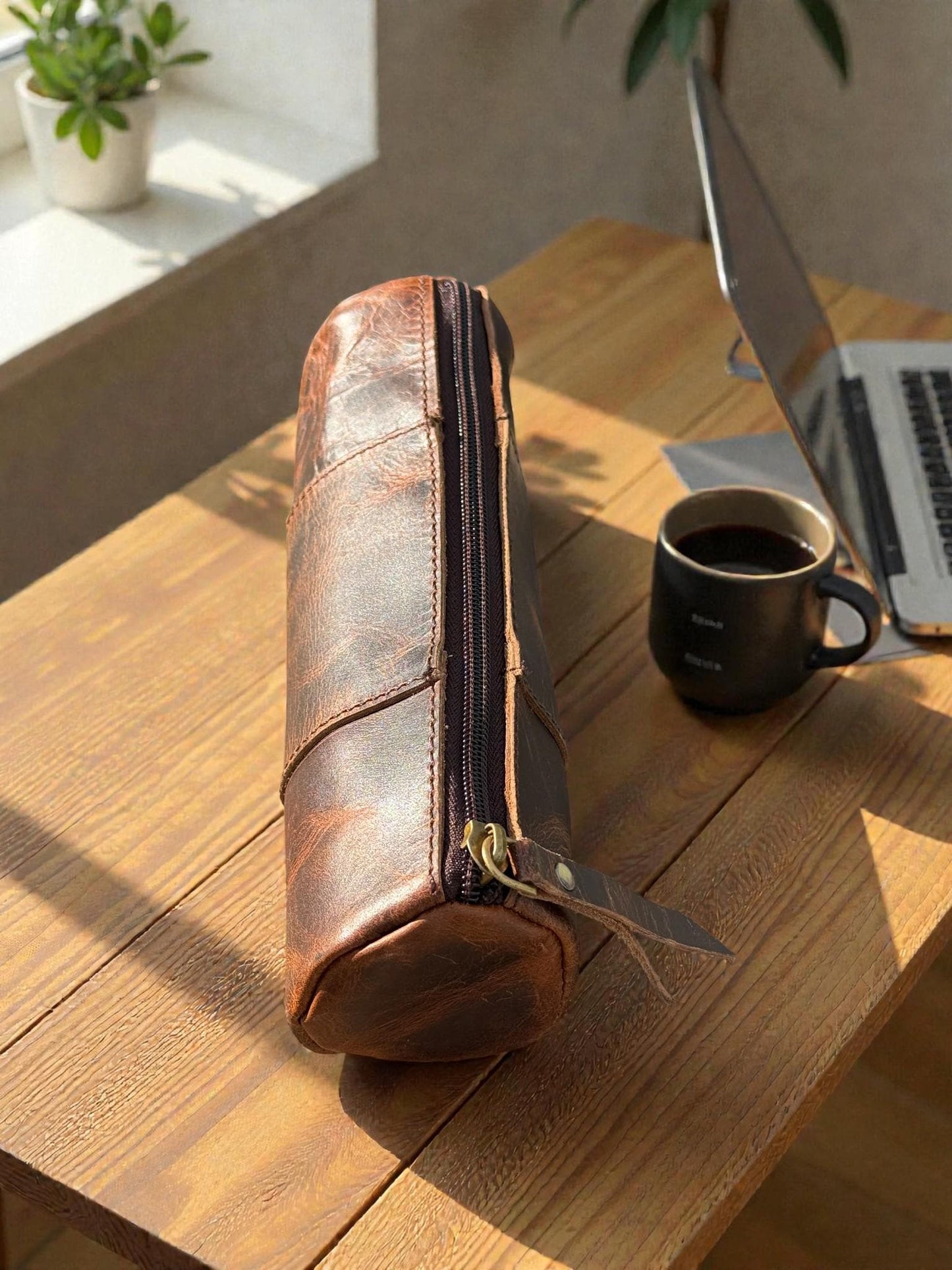 Personalized Leather Pencil Case: Handmade Distressed Brown Zipper Pouch