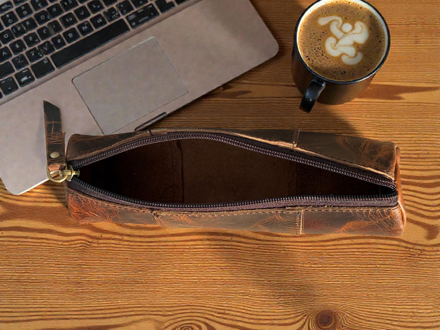 Personalized Leather Pencil Case: Handmade Distressed Brown Zipper Pouch