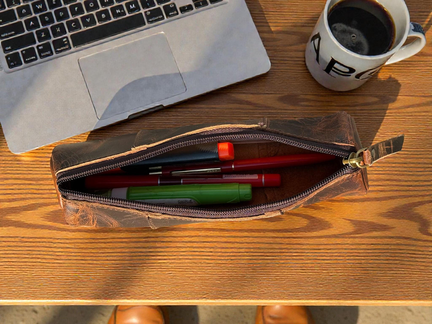 Personalized Leather Pencil Case: Handmade Distressed Brown Zipper Pouch