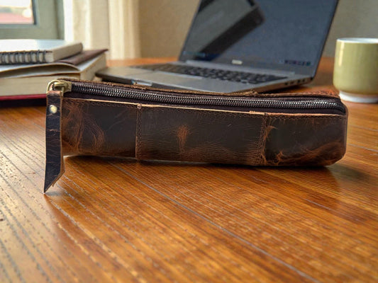 Personalized Leather Pencil Case: Handmade Distressed Brown Zipper Pouch