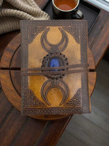 Personalized Handmade Triple Moon Leather Journal with  Lapis Blue Stone Book of Shadows Lined Notebook Customized Spiritual Gift for Her