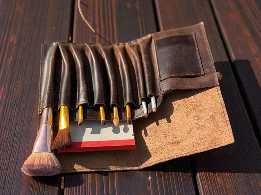 Personalized Leather Brush Roll Case, Artist Tool Organizer