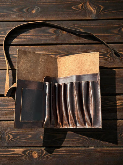 Personalized Leather Brush Roll Case, Artist Tool Organizer