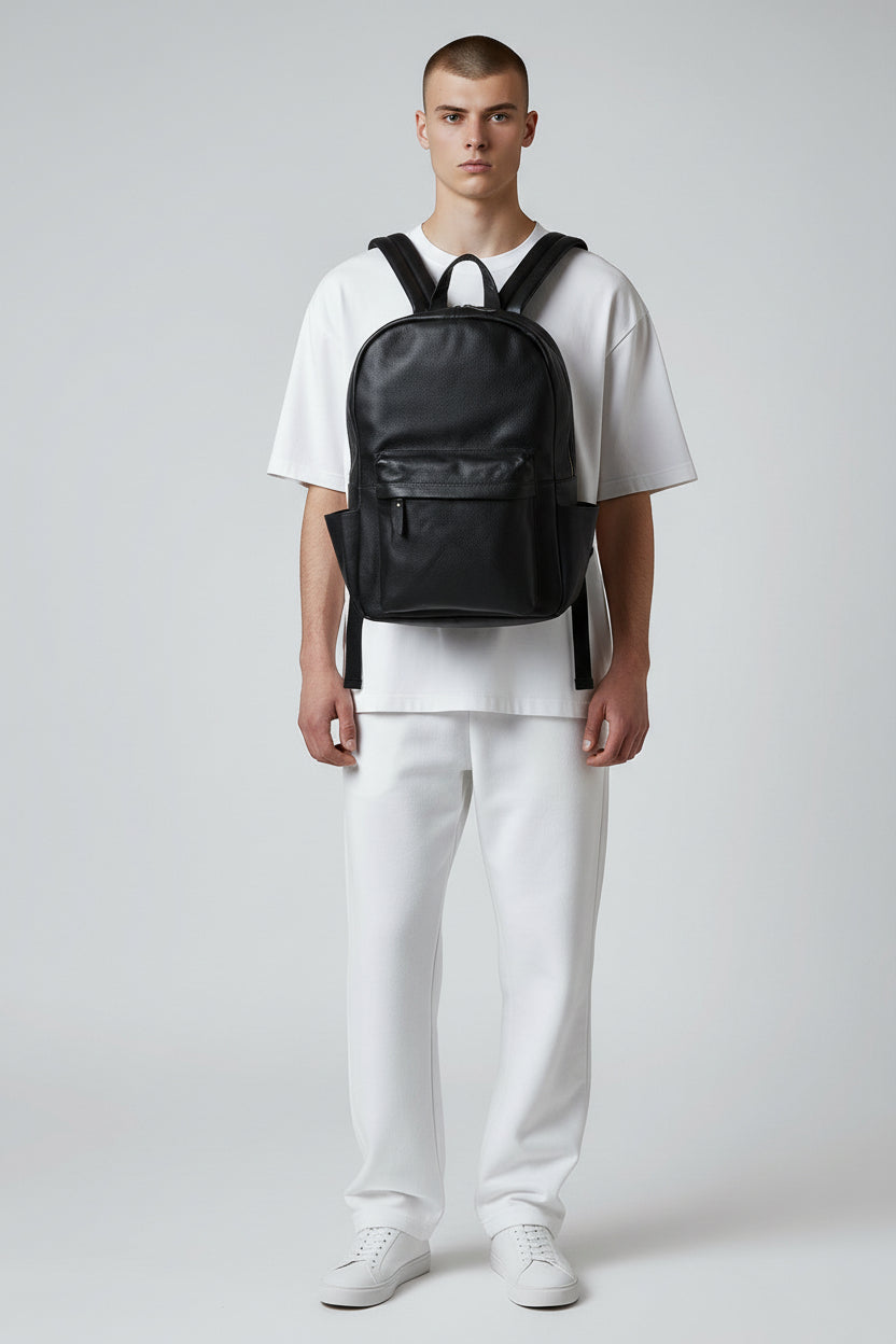 Personalized Black Leather Laptop Backpack: Minimalist Travel Rucksack