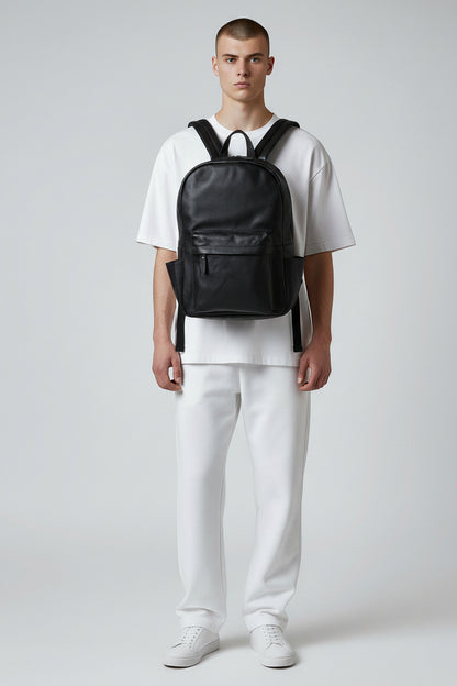 Personalized Black Leather Laptop Backpack: Minimalist Travel Rucksack