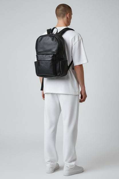 Personalized Black Leather Laptop Backpack: Minimalist Travel Rucksack